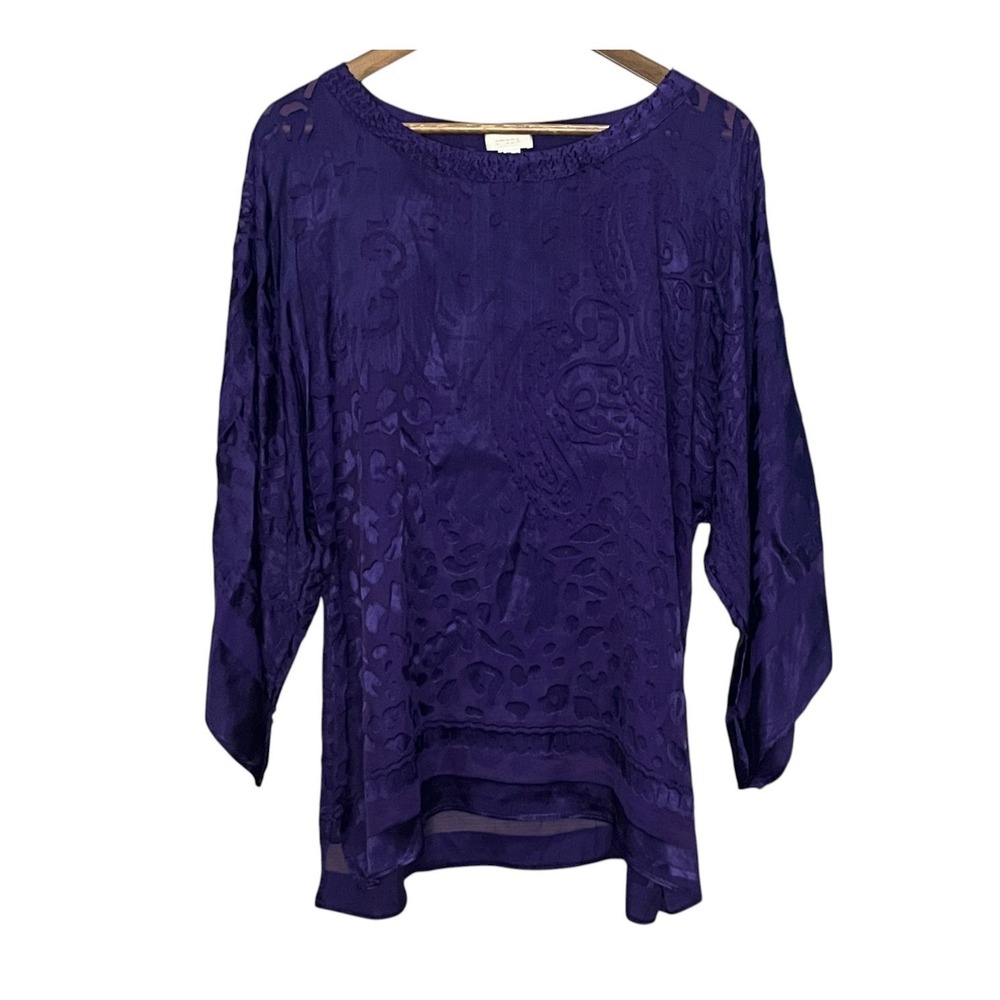 Chicos Womens Top Long Sleeve Tunic Purple Sheer Paisley Royal Vivid Silk Size 2